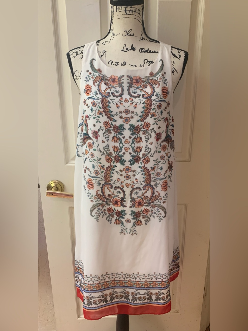 Max Studio White Floral Paisley Mini Dress with Orange and Teal Accents